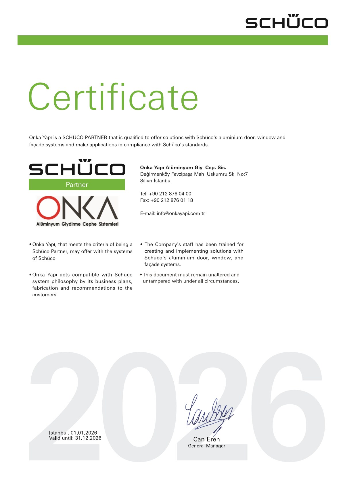 Onka Yapı Certificate 2026